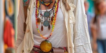 Stylish woman in colorful bohemian outfit on street