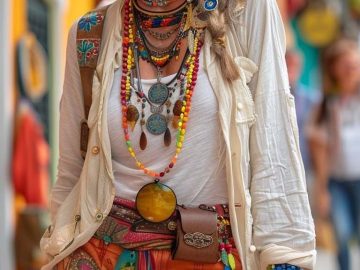 Stylish woman in colorful bohemian outfit on street