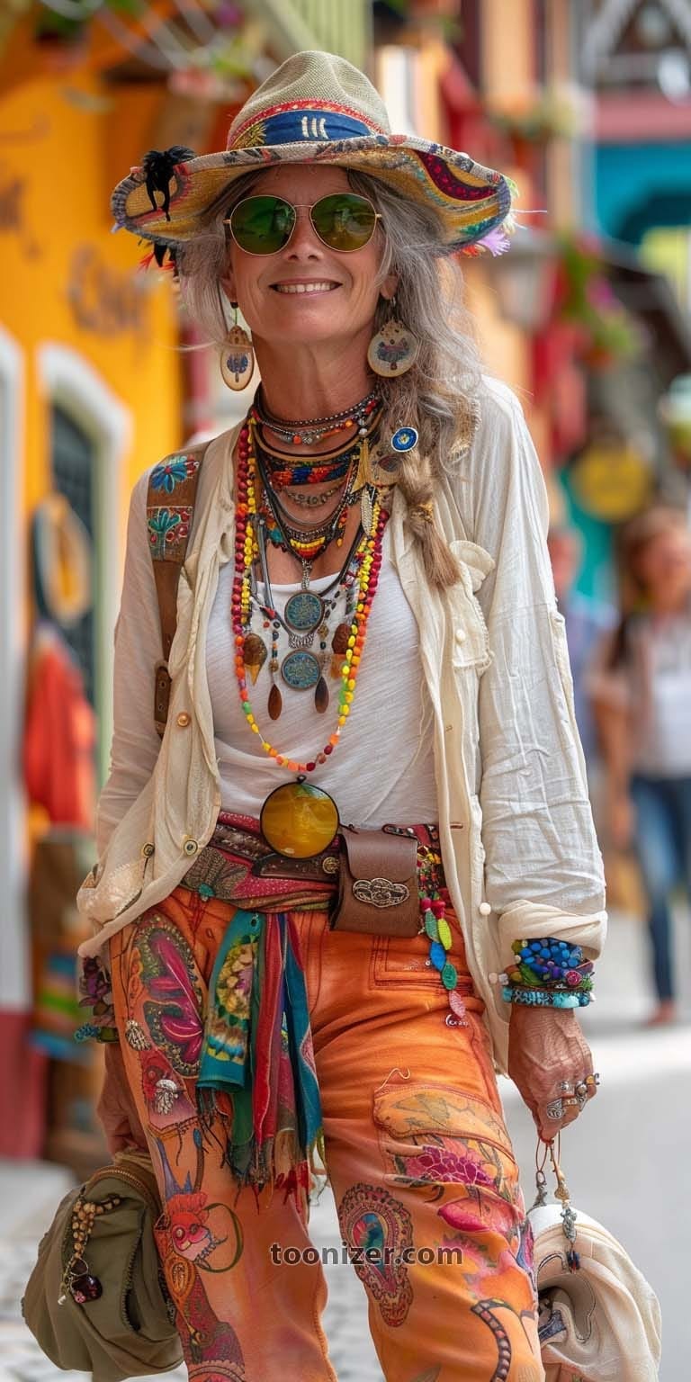 Stylish woman in colorful bohemian outfit on street