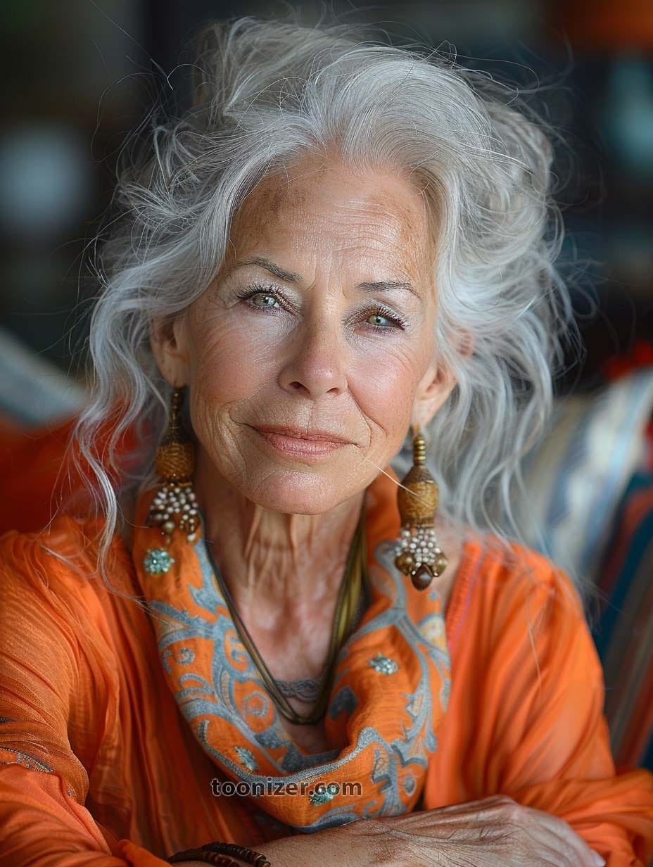 Portrait of elegant silver-haired woman in orange attire