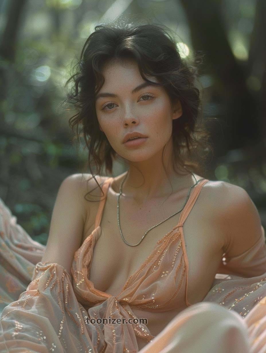 Woman in peach sheer dress in forest setting