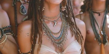 Woman with dreadlocks and layered necklaces at festival