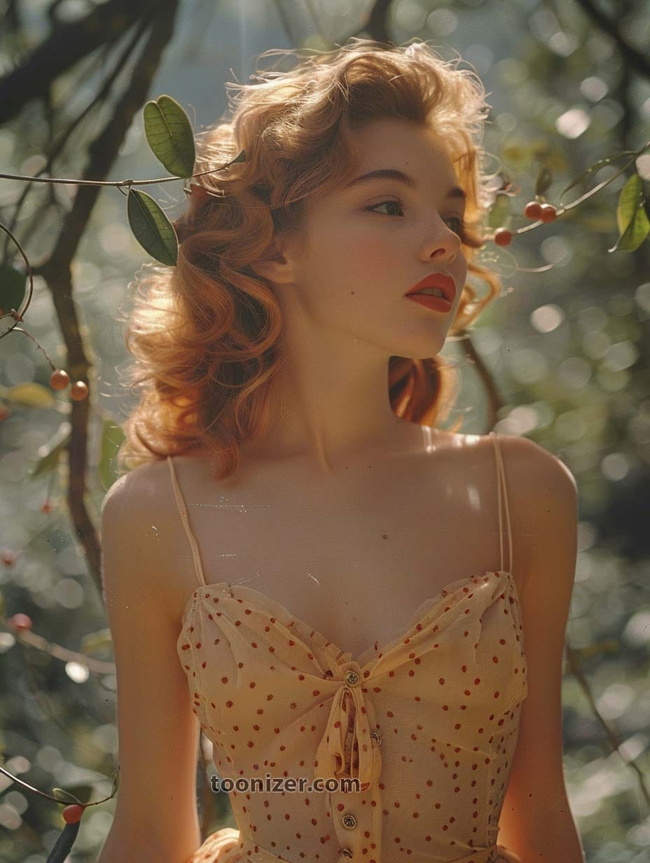 Red-haired woman in polka dot dress outdoors
