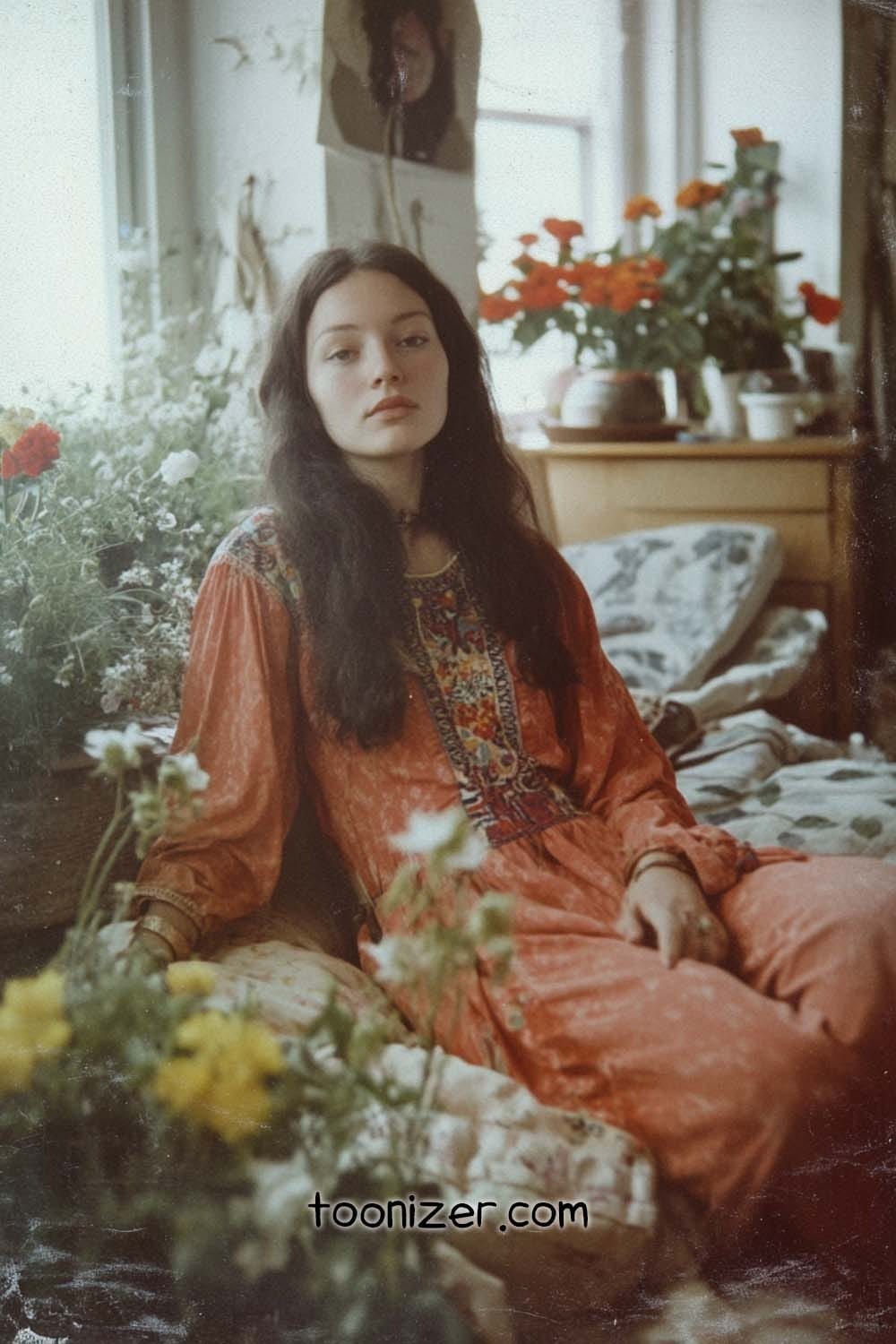 Woman in bohemian dress surrounded by indoor flowers
