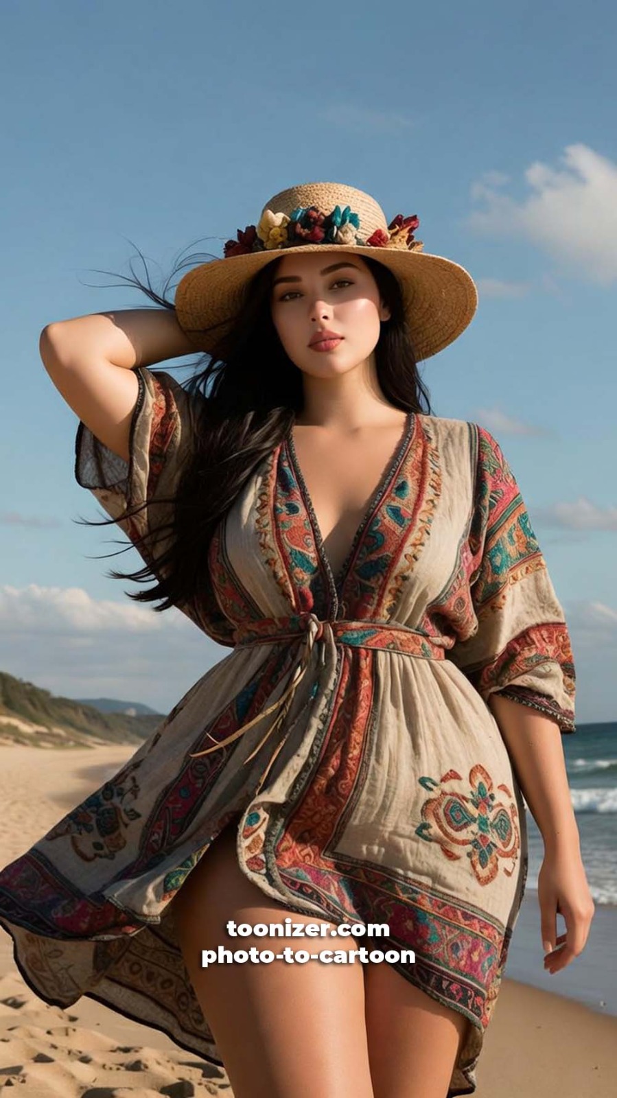 Woman in bohemian dress and straw hat beach