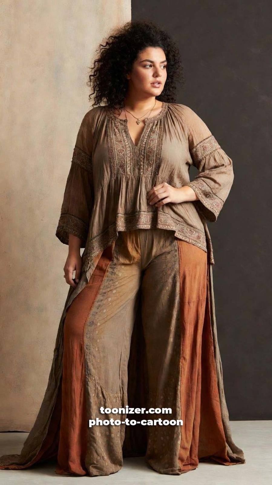 Woman in bohemian blouse and wide-leg pants