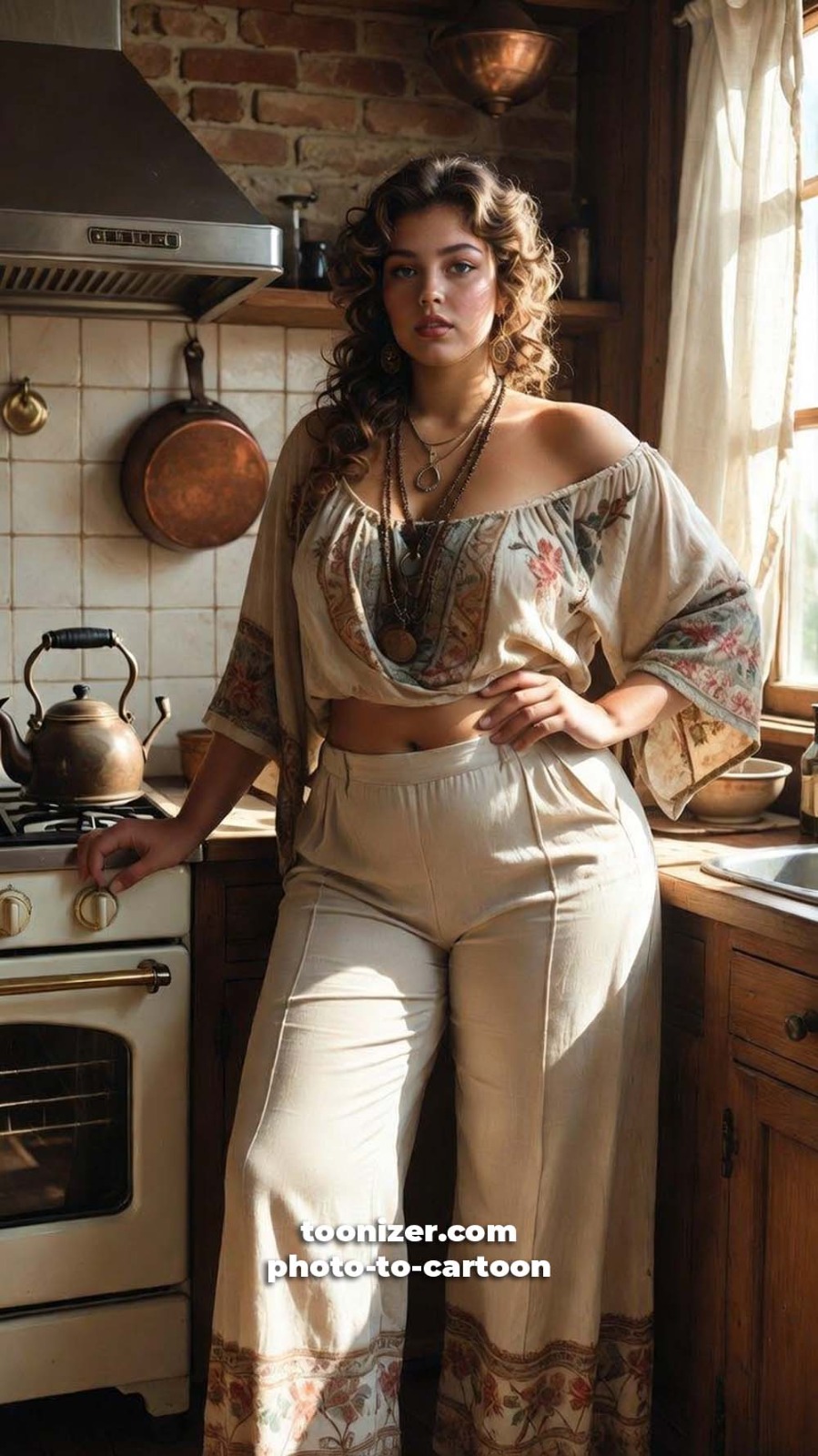 Woman in rustic kitchen wearing bohemian outfit