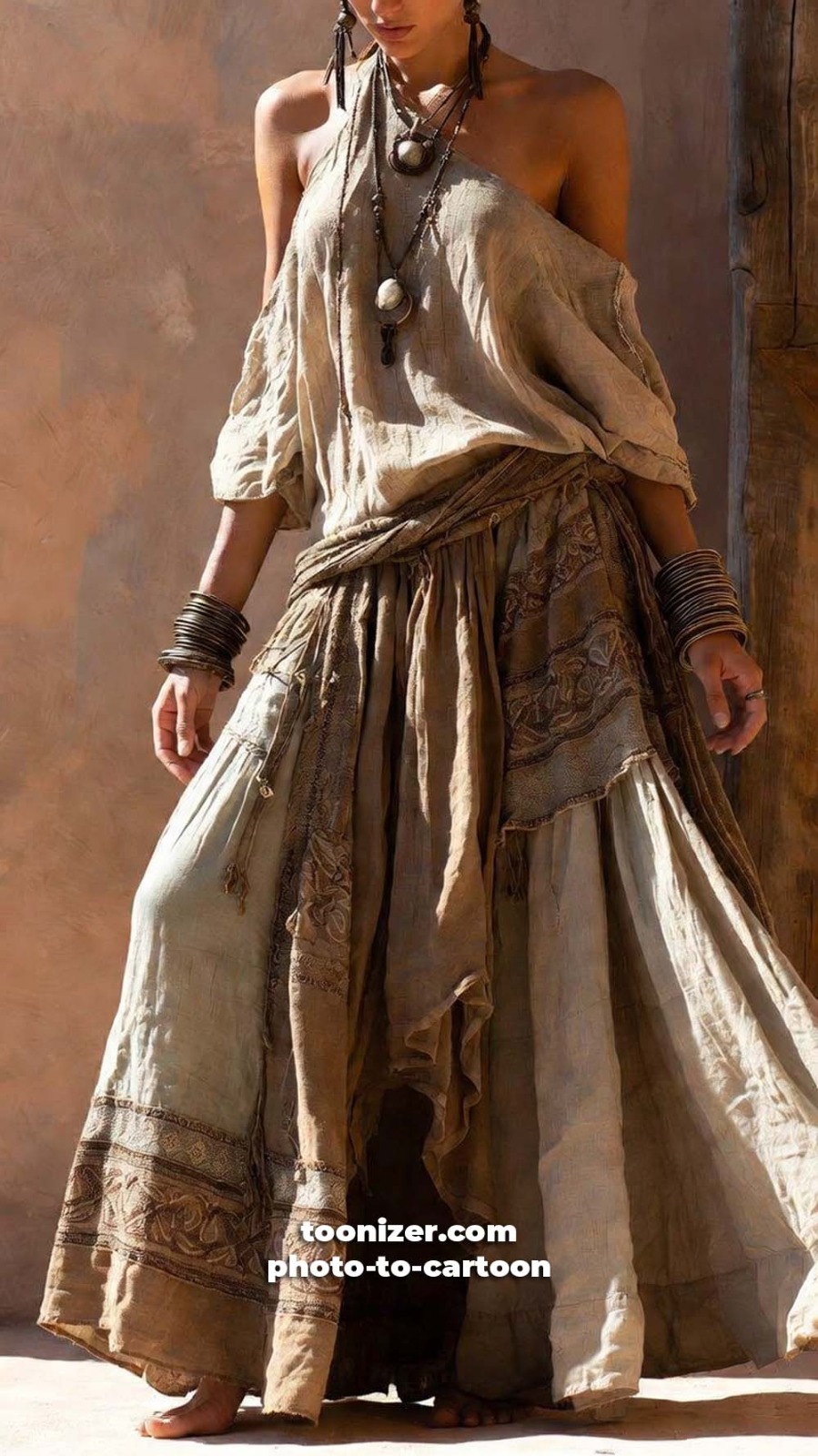 Woman in layered bohemian dress with bracelets