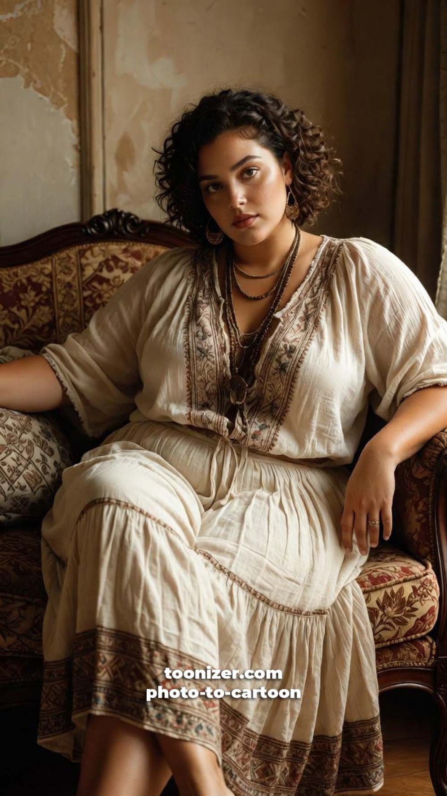 Woman in embroidered cream dress sitting on vintage sofa