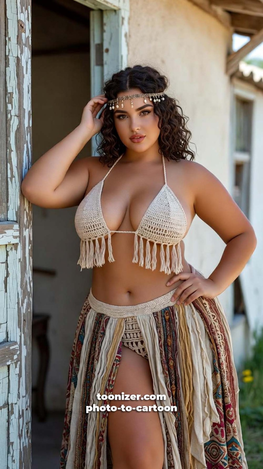 Woman in crochet bikini and bohemian skirt