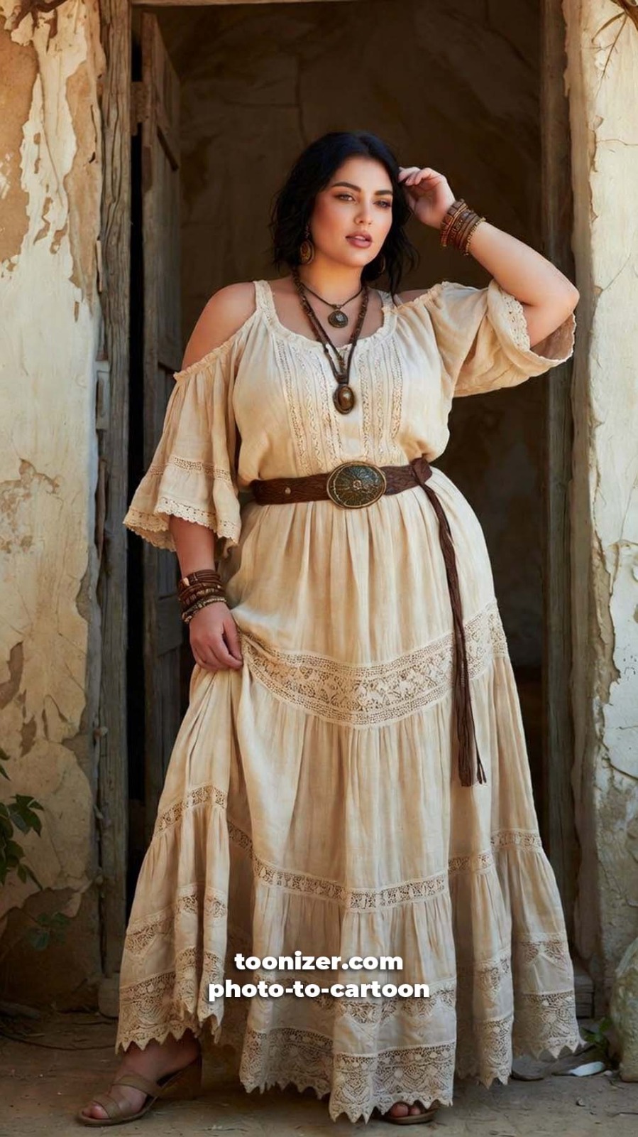 Woman in cream bohemian dress standing in doorway