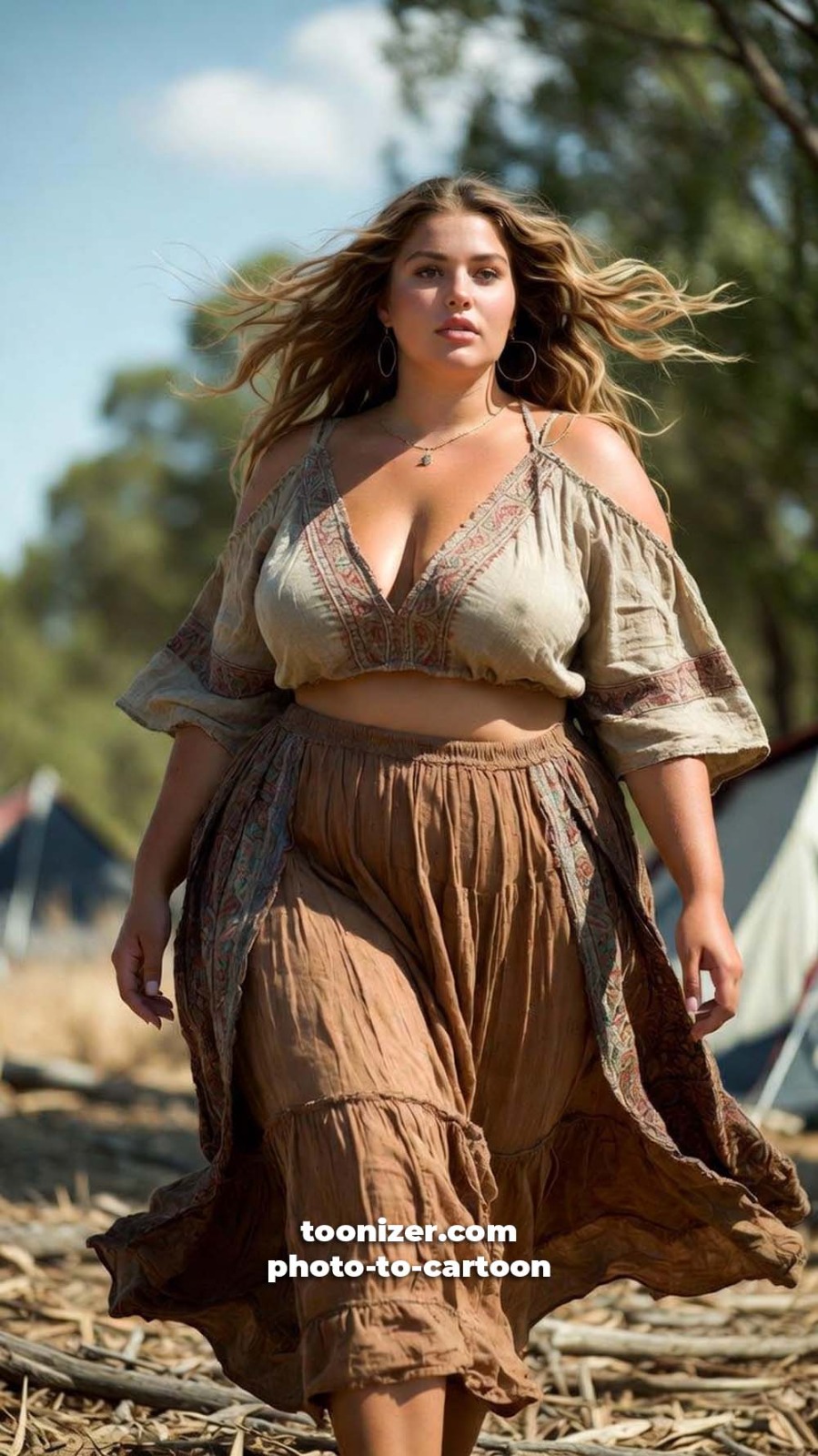 Woman in boho outfit walking outdoors