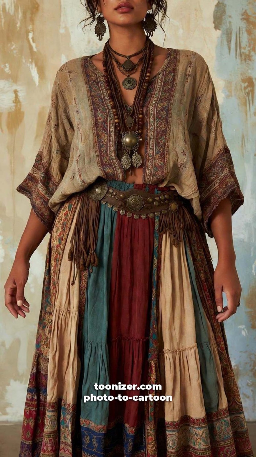 Woman wearing bohemian embroidered blouse and patchwork skirt