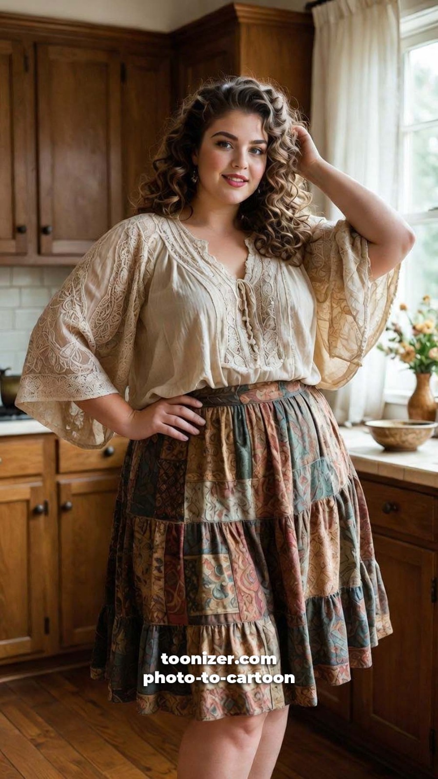 Woman in boho outfit standing in rustic kitchen