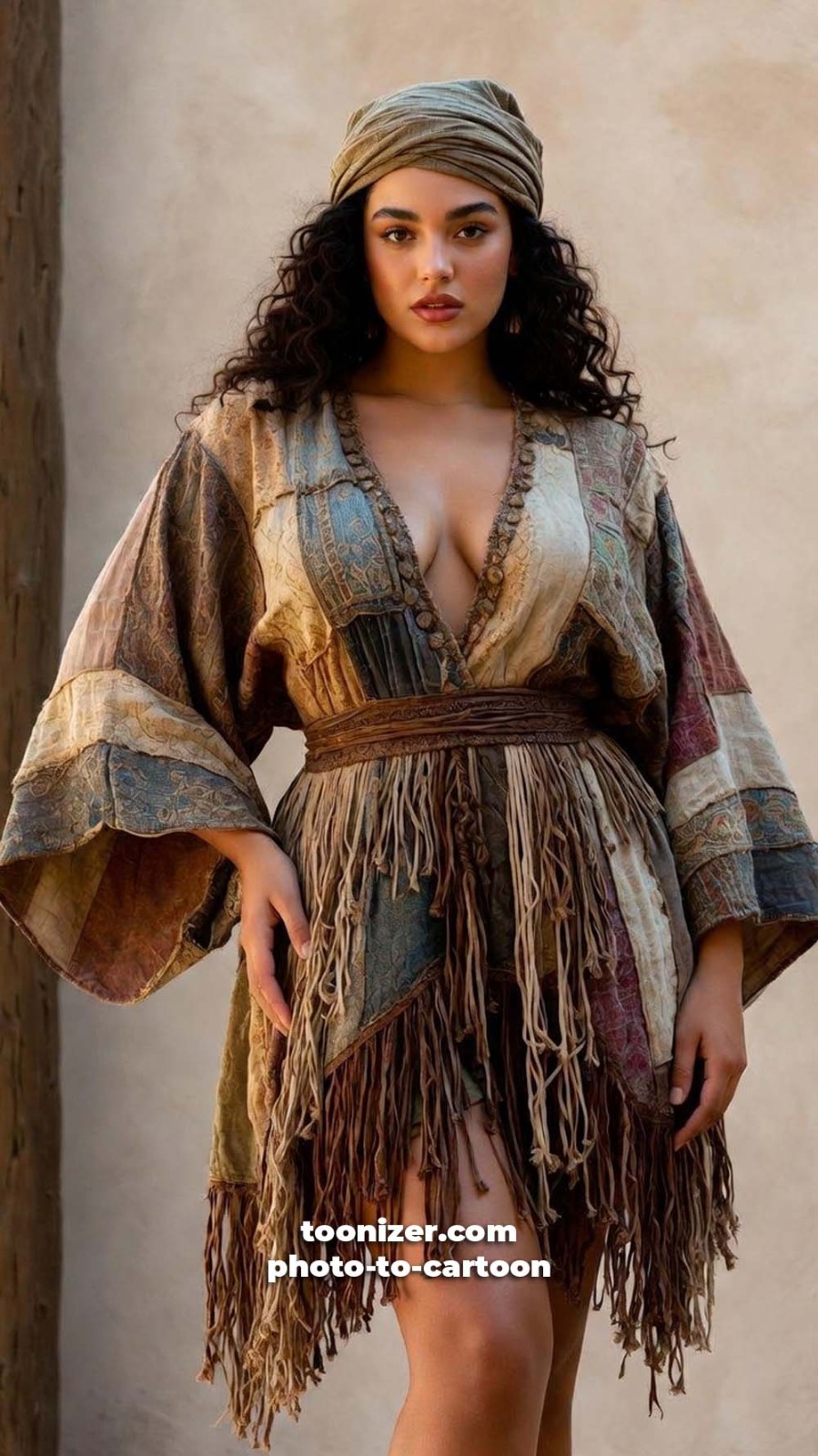 Woman in rustic bohemian dress and headscarf