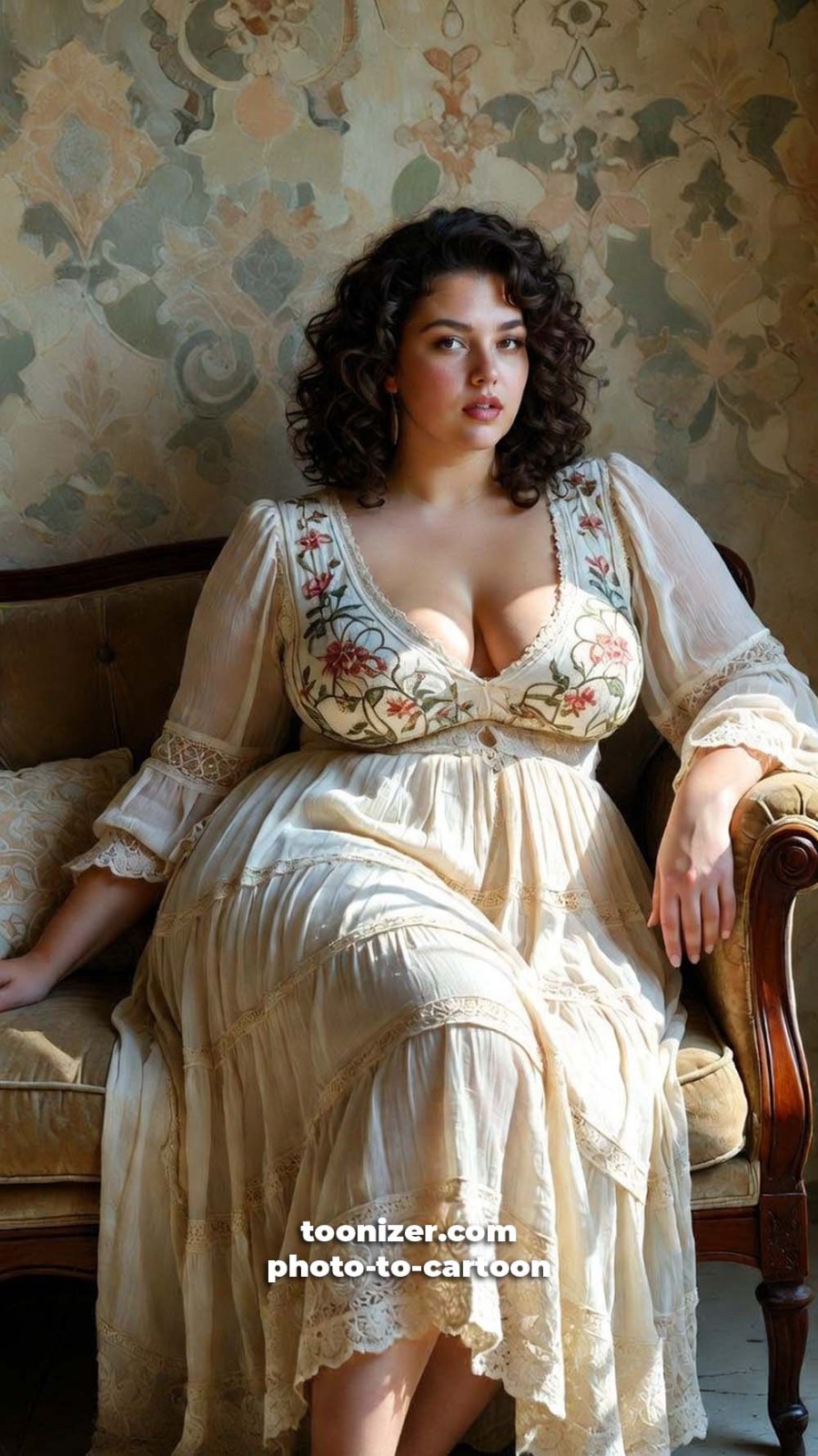 Woman in embroidered cream dress sitting on vintage sofa