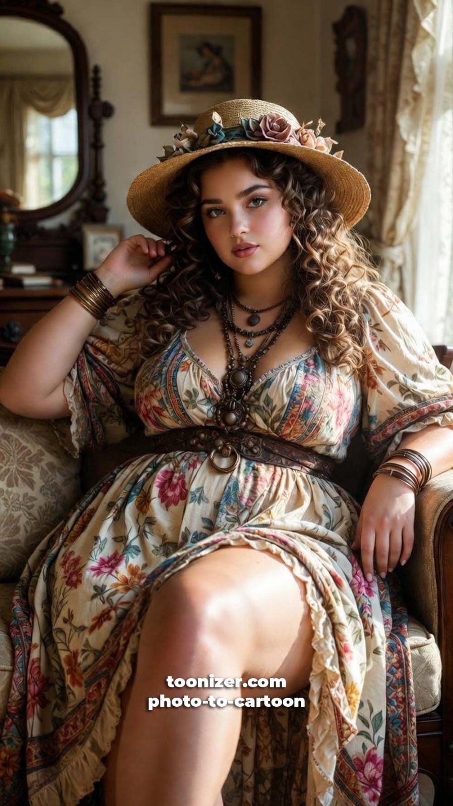 Woman in floral dress and hat indoors