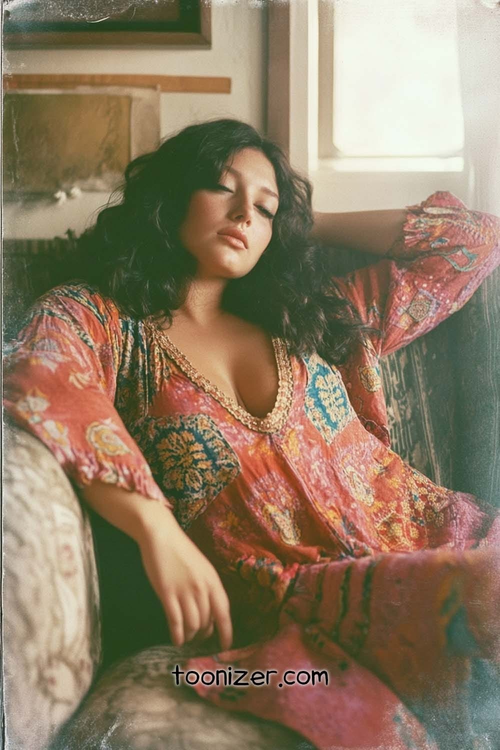 Woman reclining on couch in patterned bohemian dress