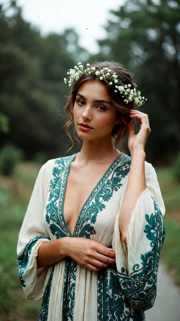Woman wearing floral crown and embroidered dress outdoors