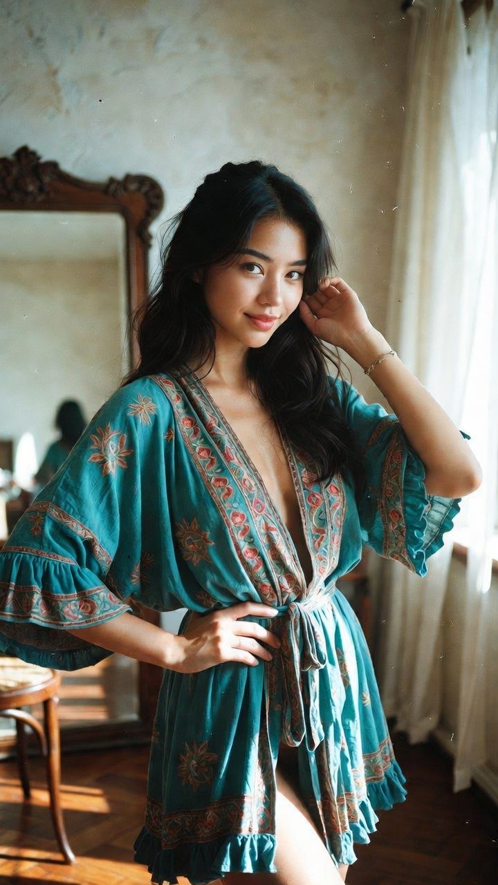 Woman in teal robe standing by window