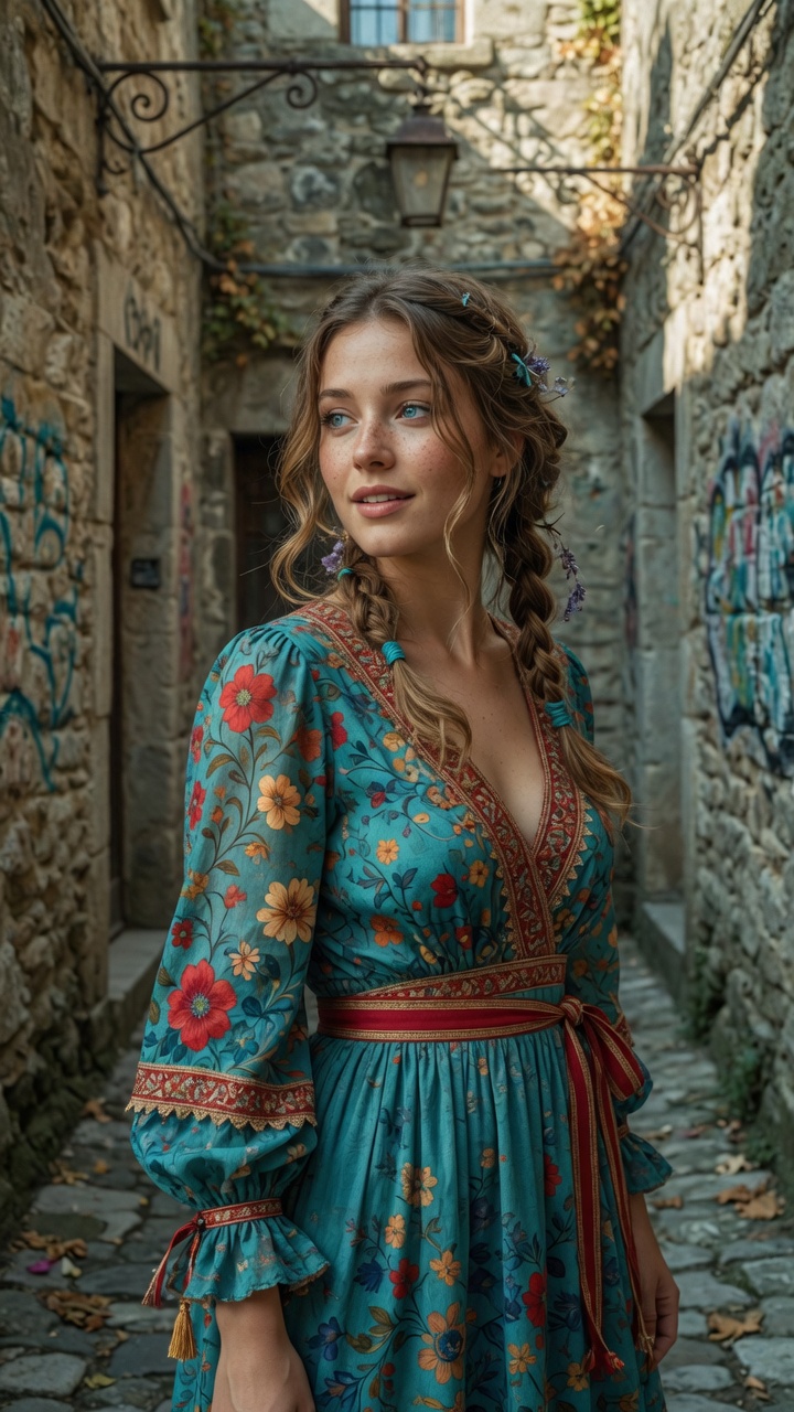 Woman in floral dress standing in stone alley