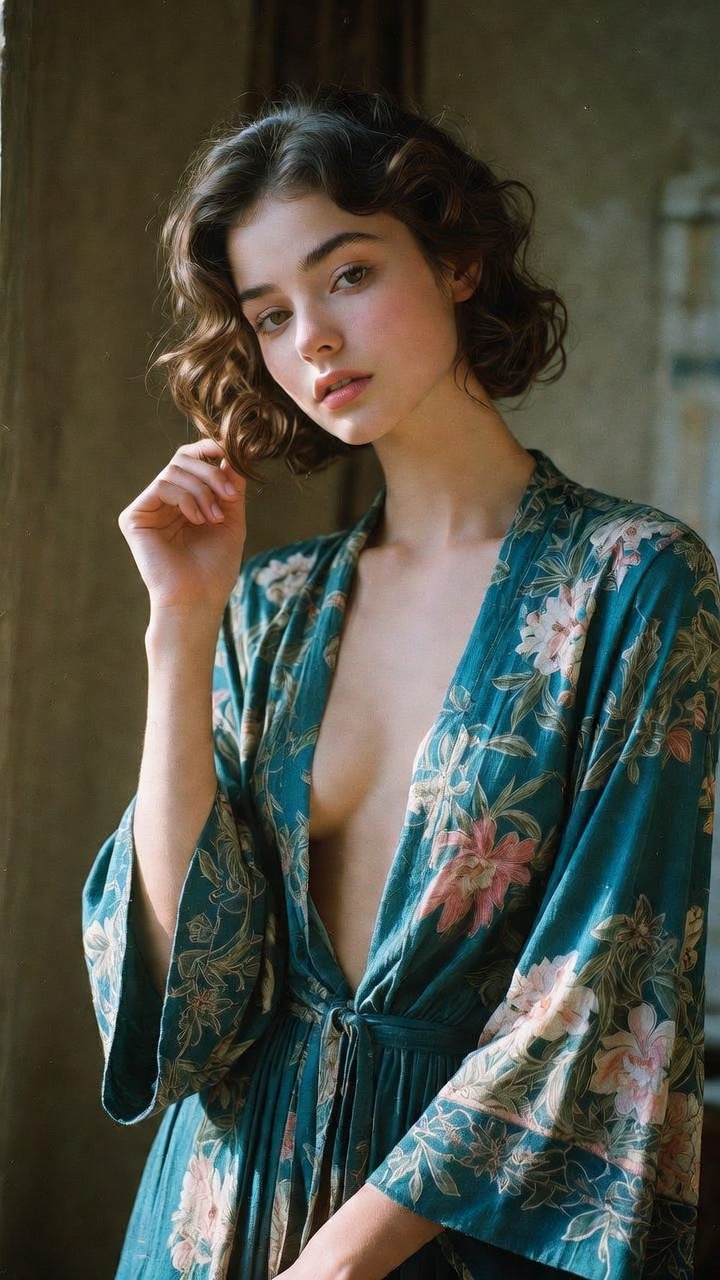 Woman in teal floral robe by window