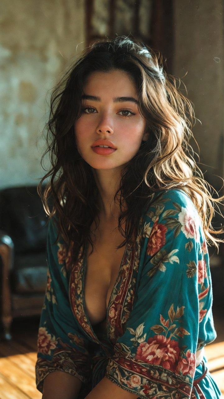 Woman in floral robe bathed in warm light