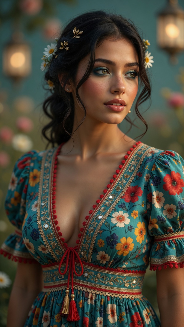 Woman in teal floral dress with flowers