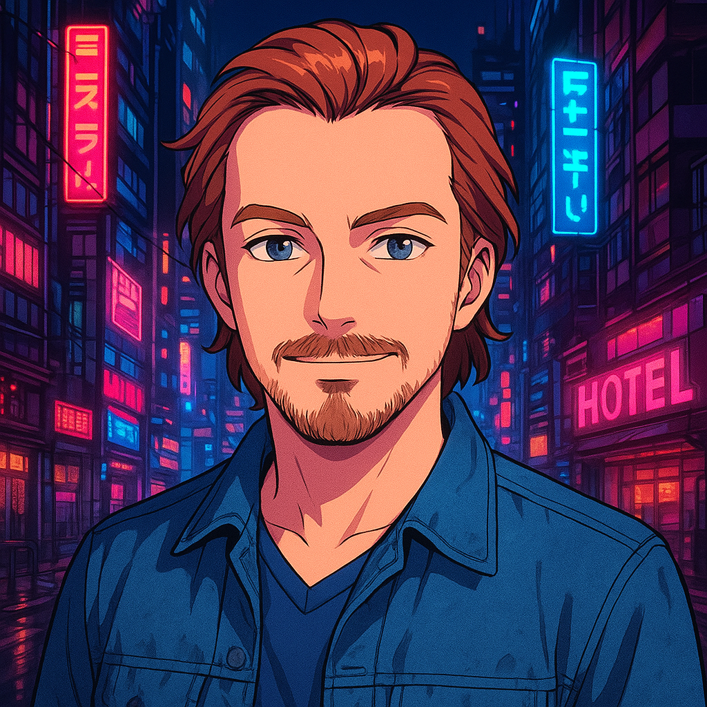 Illustrated man in neon-lit city at night