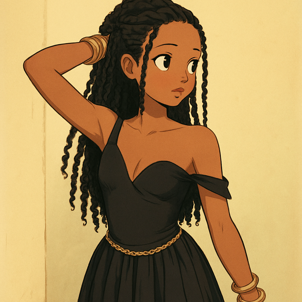 Animated woman in black off-shoulder dress