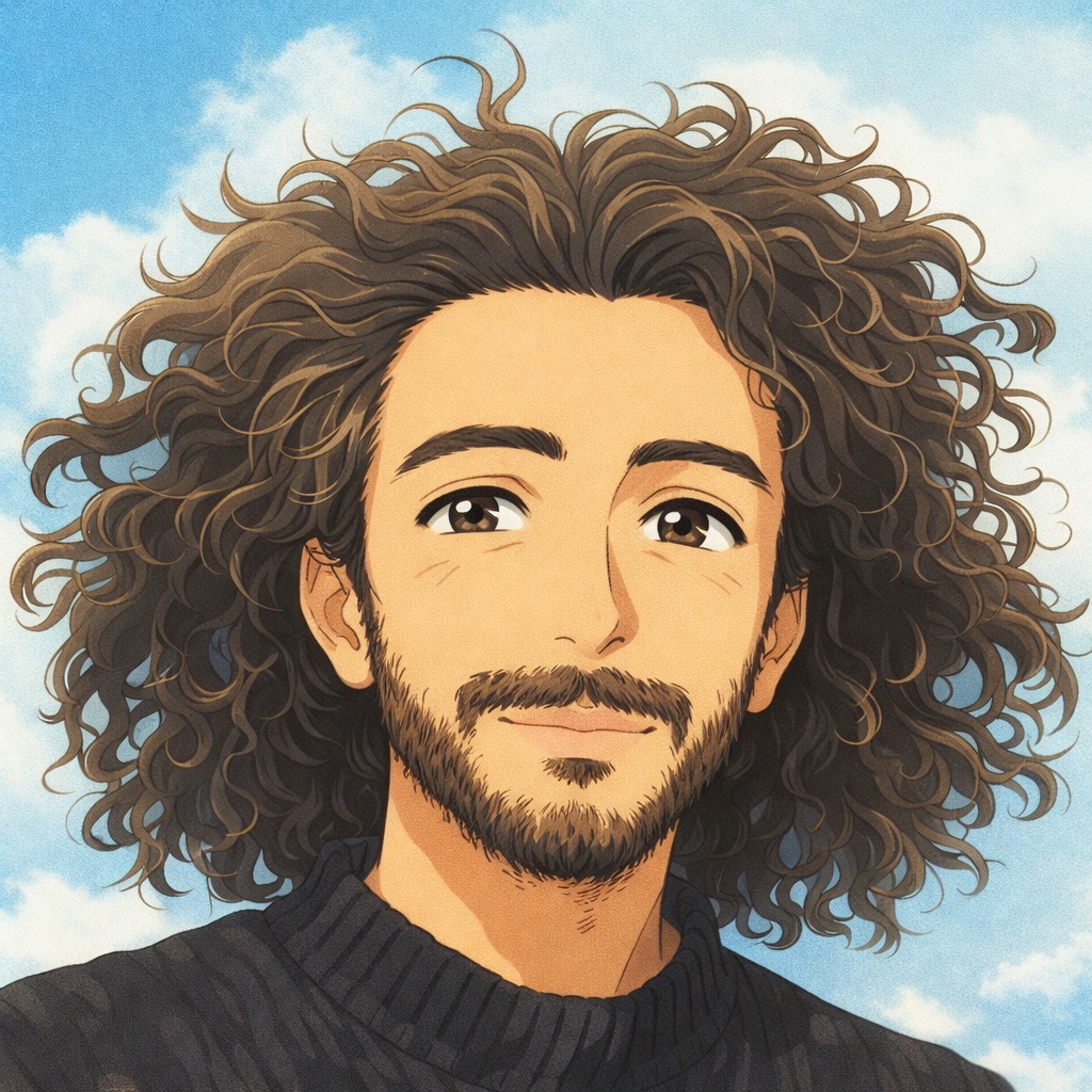 Illustrated man with long curly hair and beard