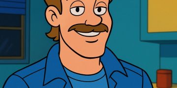 Cartoon man with mustache wearing blue jacket indoors