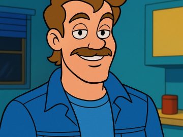 Cartoon man with mustache wearing blue jacket indoors