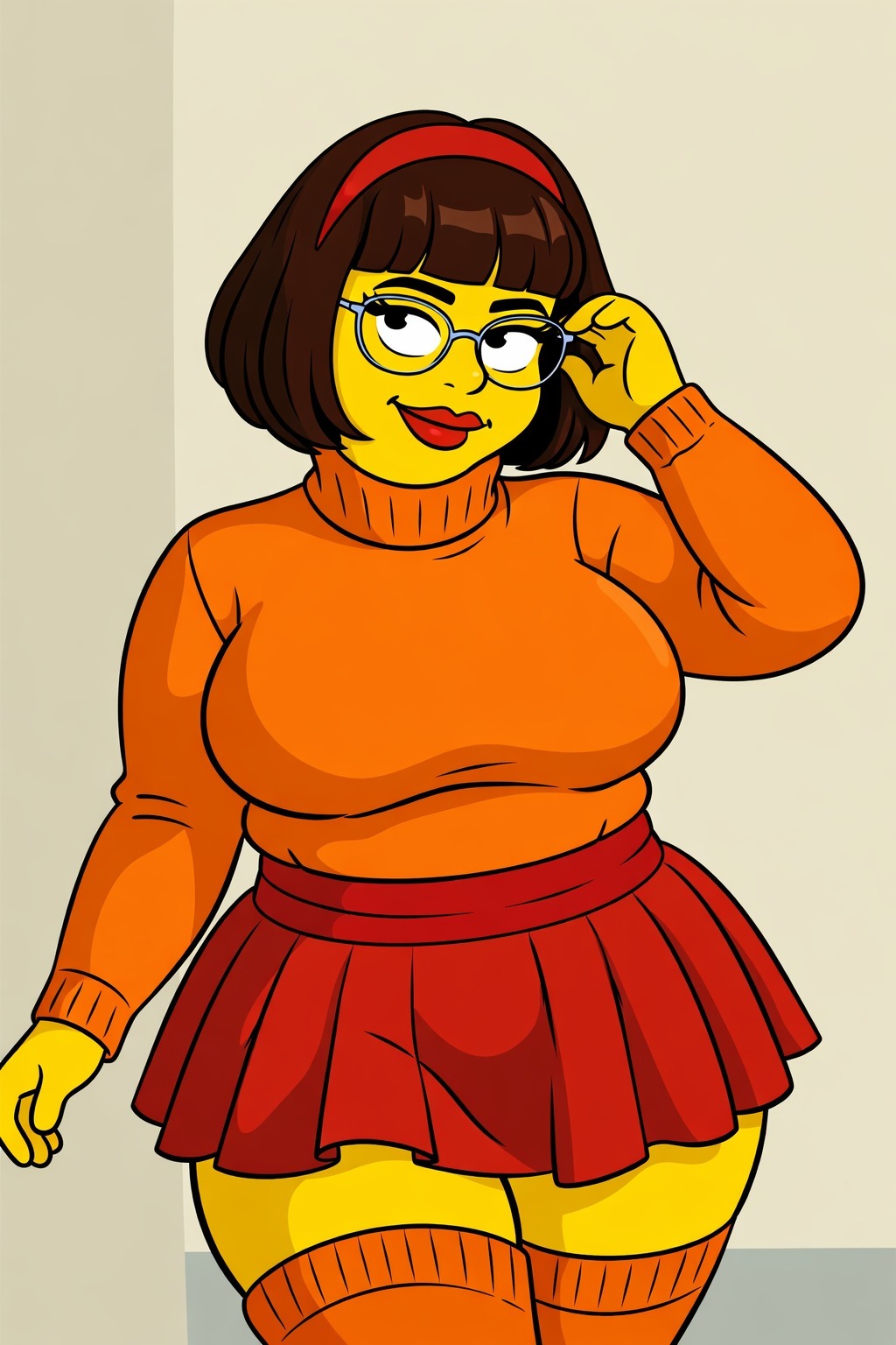 Cartoon girl with glasses in orange sweater and skirt