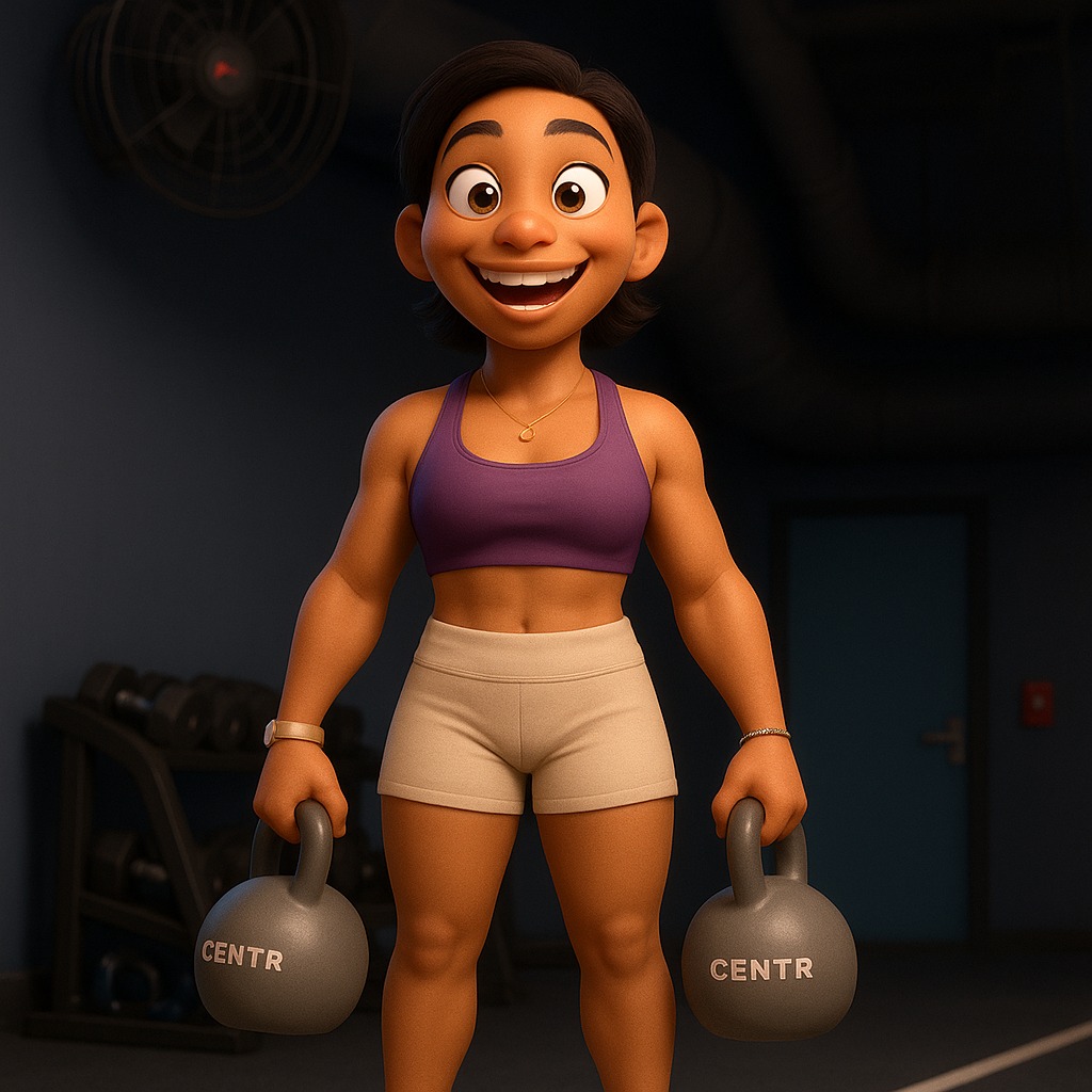 Animated woman holding kettlebells in gym