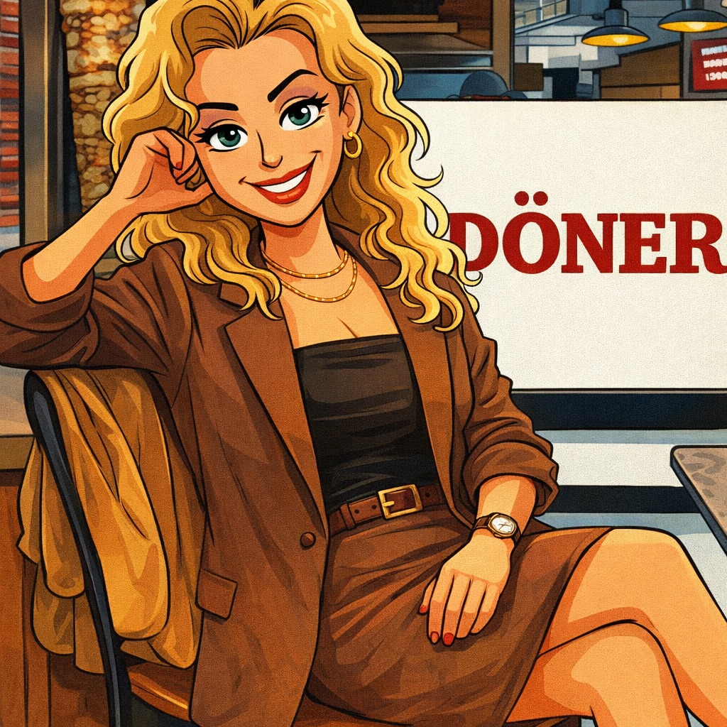 Stylish blonde woman at döner restaurant table