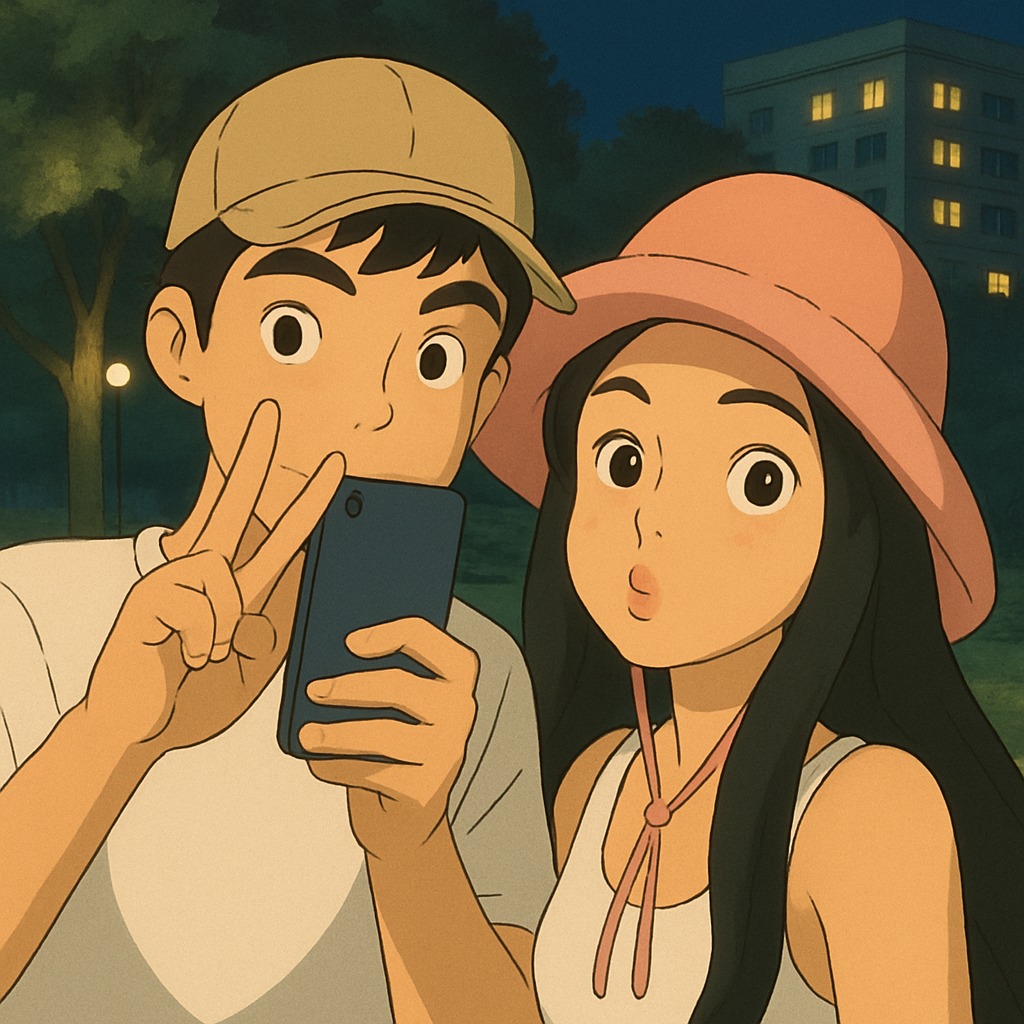 Animated couple taking nighttime selfie in park