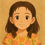 Illustrated girl with brown hair and floral shirt