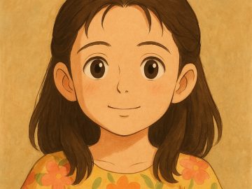 Illustrated girl with brown hair and floral shirt