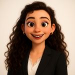 Smiling animated woman with curly hair and blazer