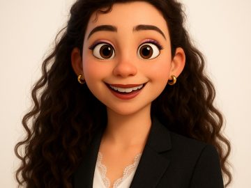 Smiling animated woman with curly hair and blazer