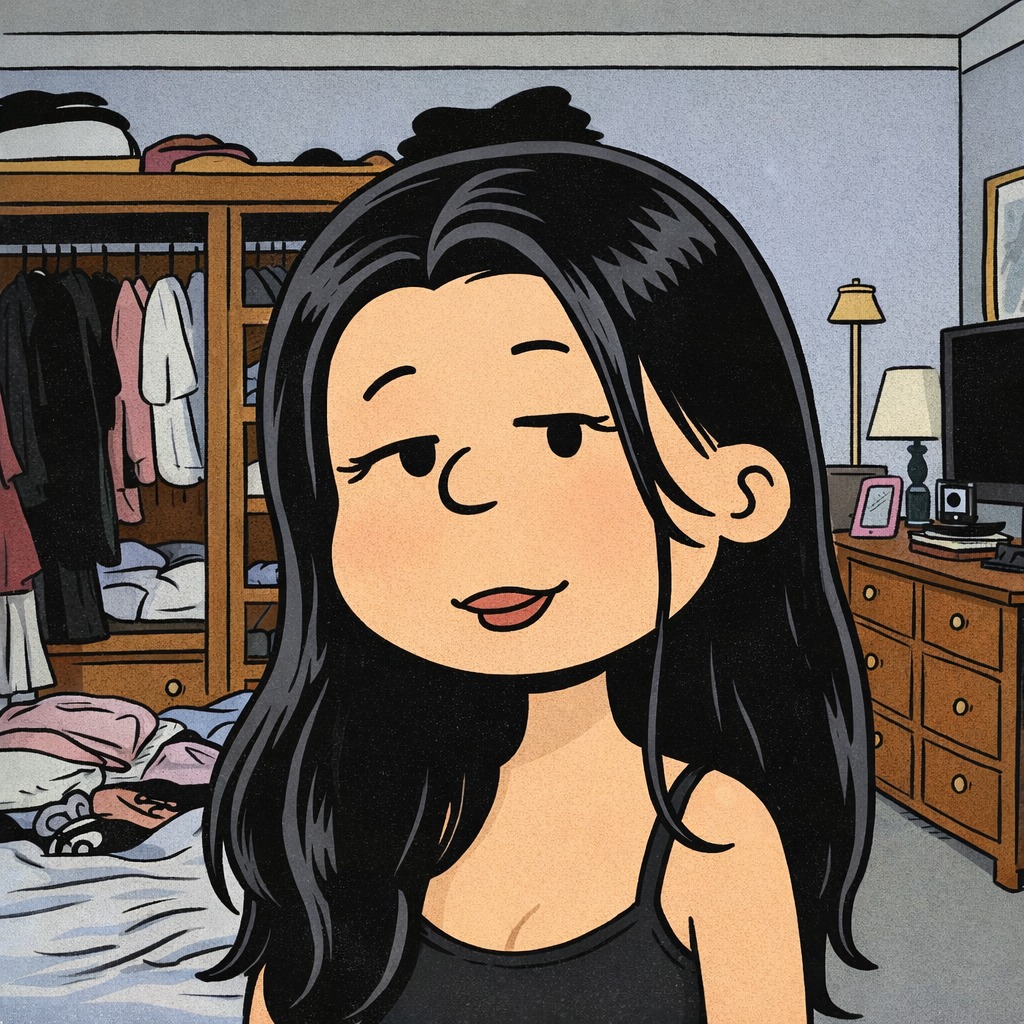 Cartoon woman with long black hair in bedroom