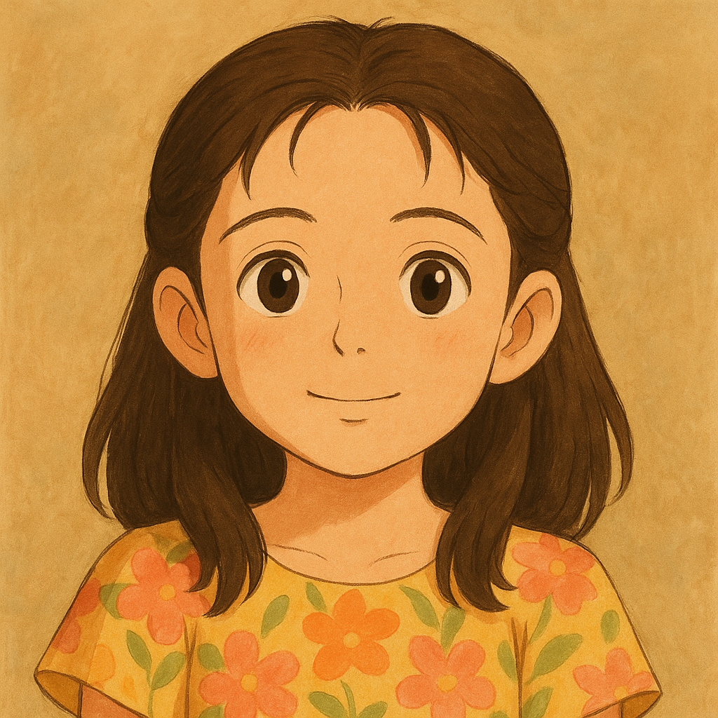 Illustrated girl with brown hair and floral shirt