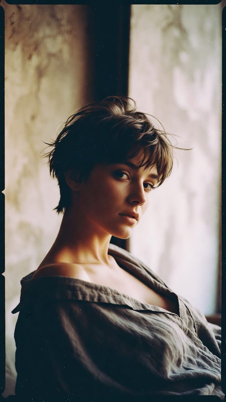 Short-haired person in soft window light portrait