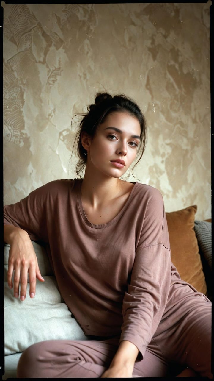 Woman in brown loungewear sitting on sofa