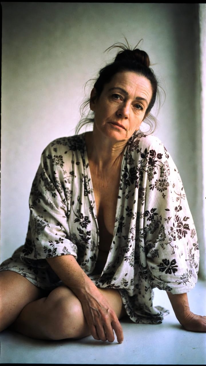 Woman in floral robe sitting by window