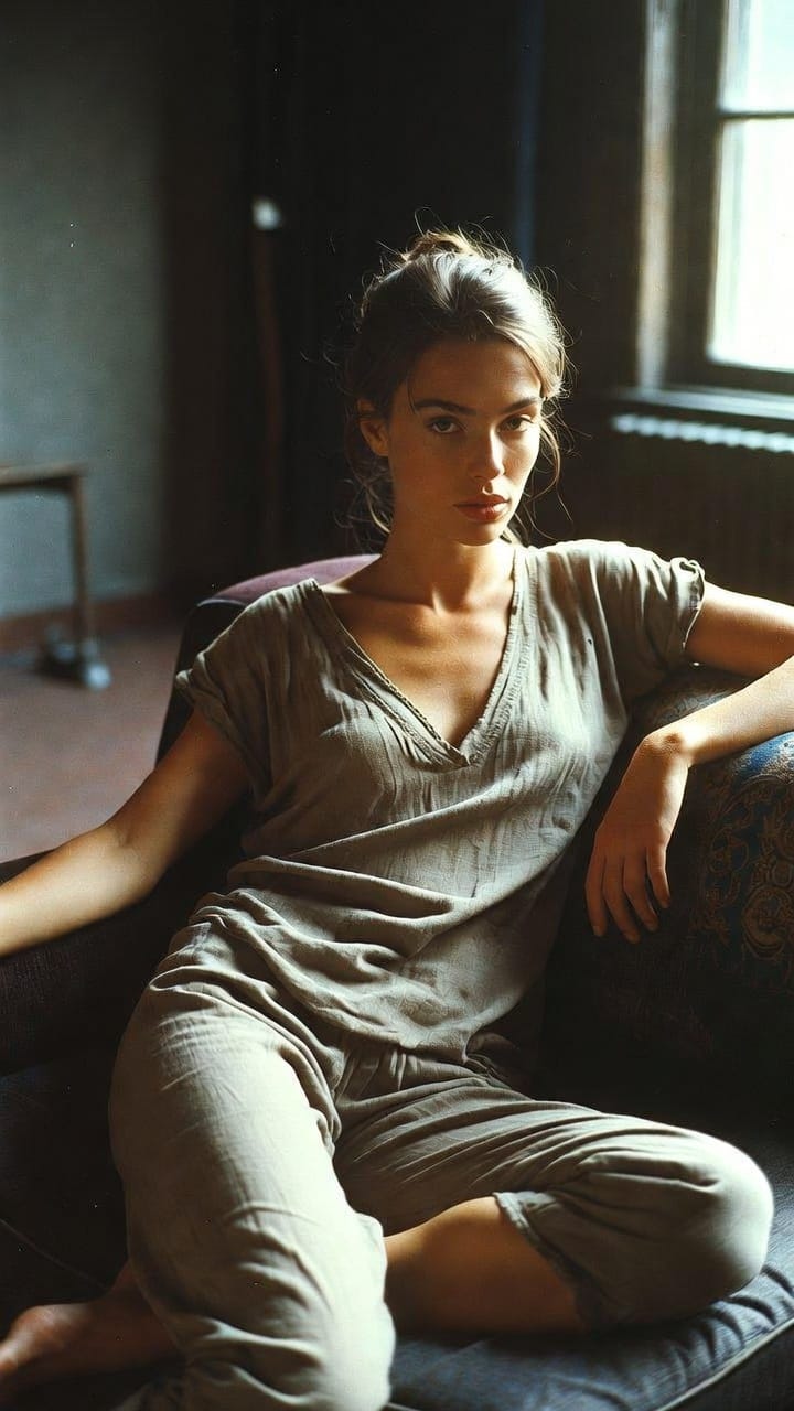 Woman sitting on couch by window light