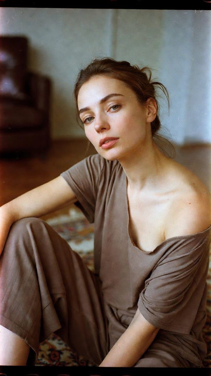 Woman in brown dress sitting indoors portrait
