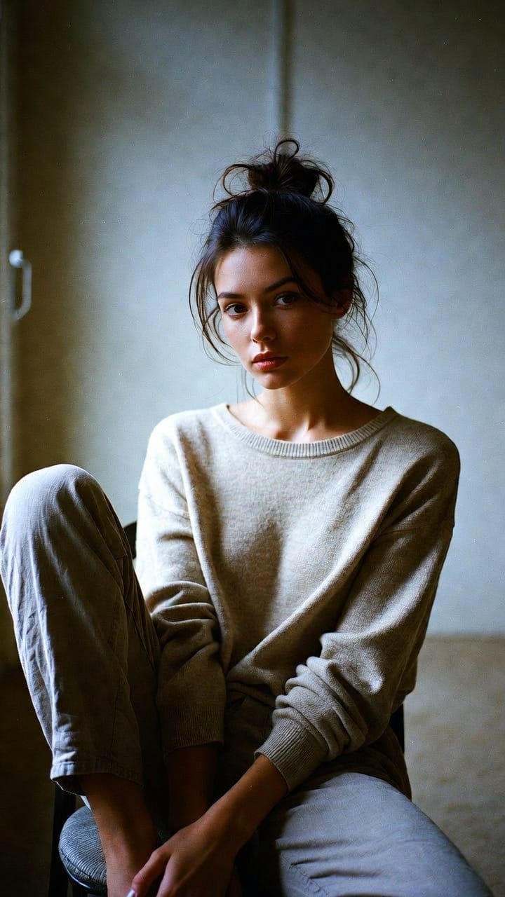 Young woman sitting by window in soft light