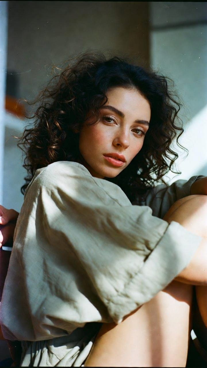 Curly-haired woman sitting by window in soft light